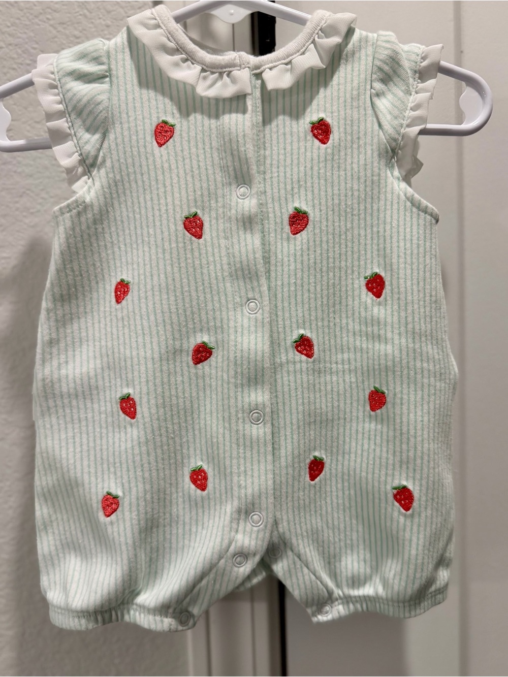 Little Me Mint White Striped Strawberry Snap One-Piece Romper Bodysuit 6 Months